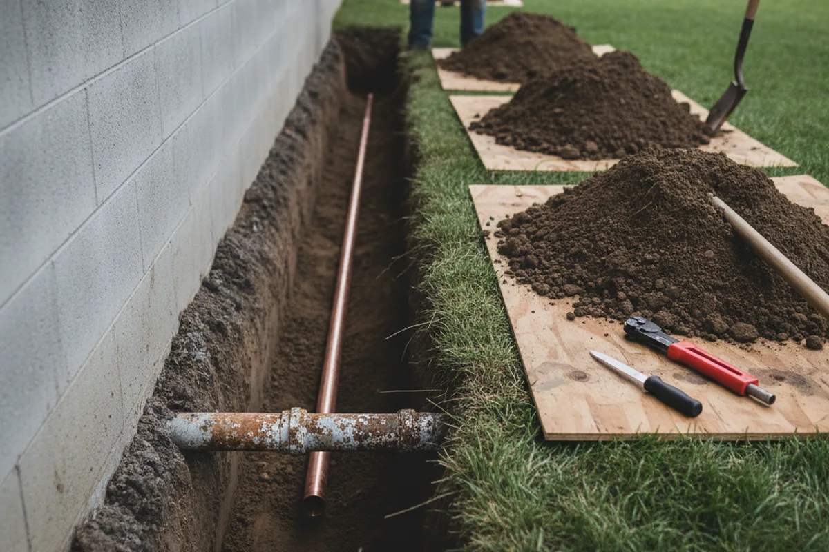 Excavated water line trench during Sewer Line Repair in Sextons Creek
